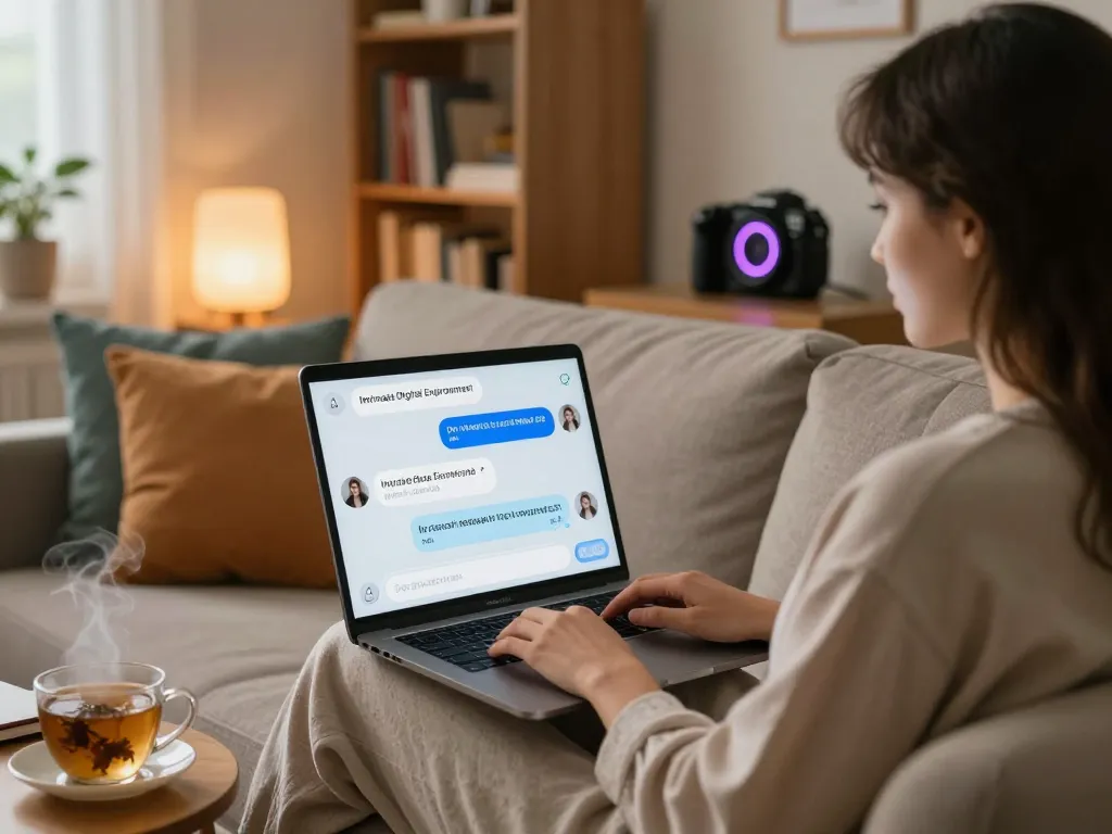 Engaging ai sex chat in a cozy home office environment showcasing playful dialogue.