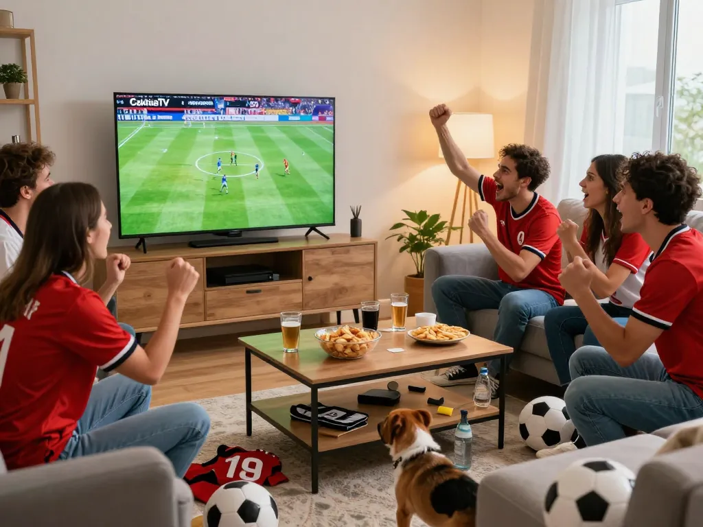 Exciting football watch party scene featuring friends enjoying https://cakhiatvz.live/ with lively reactions and football snacks.