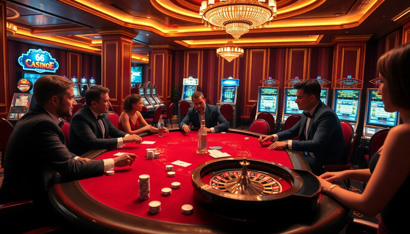 A thrilling game night at https://okwin68.net/ with poker players and luxurious casino elements.