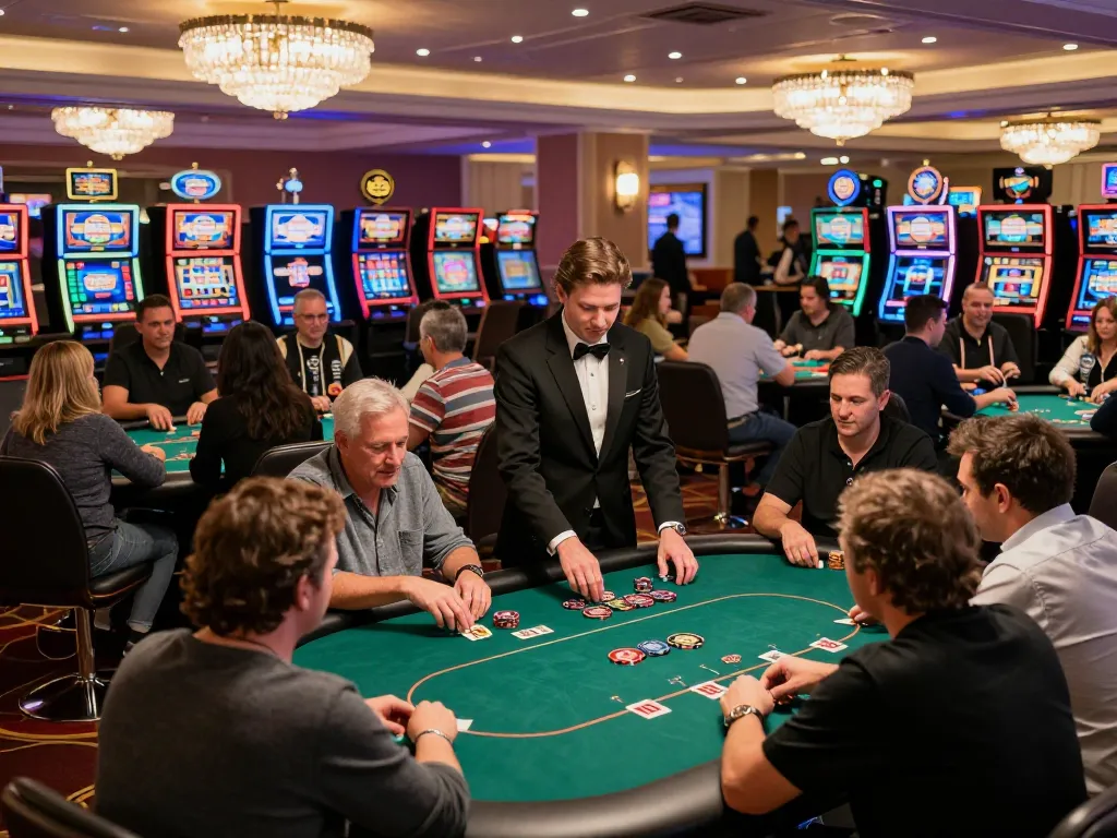 Engaged players at poker tables in a vibrant casino floor during an exciting game night with 90P atmosphere.