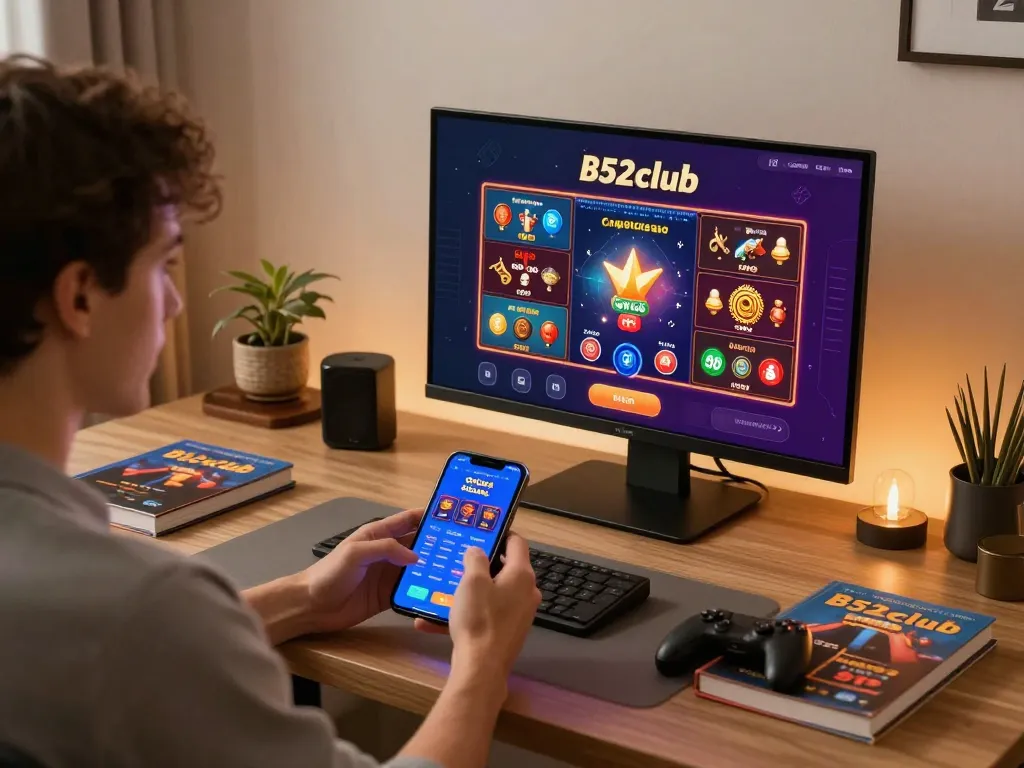 b52club user engaging with mobile app in a stylish gaming setup, showcasing casino games action.