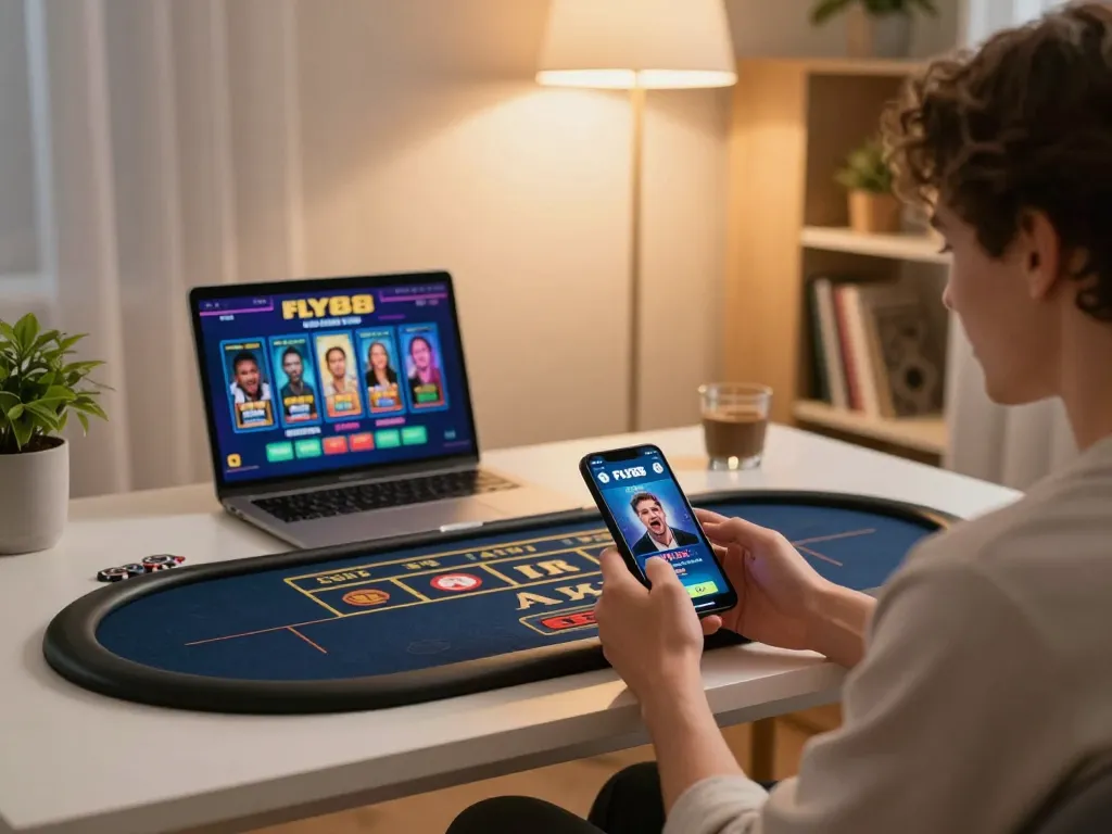 Engaging with the FLY88 casino app in a cozy home gaming setup.