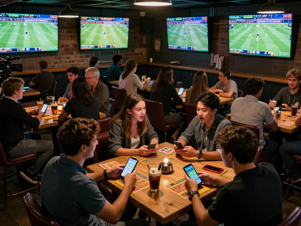 patrons engaging with tantelekeonhacai88 betting apps while enjoying live sports in a vibrant sports bar setting