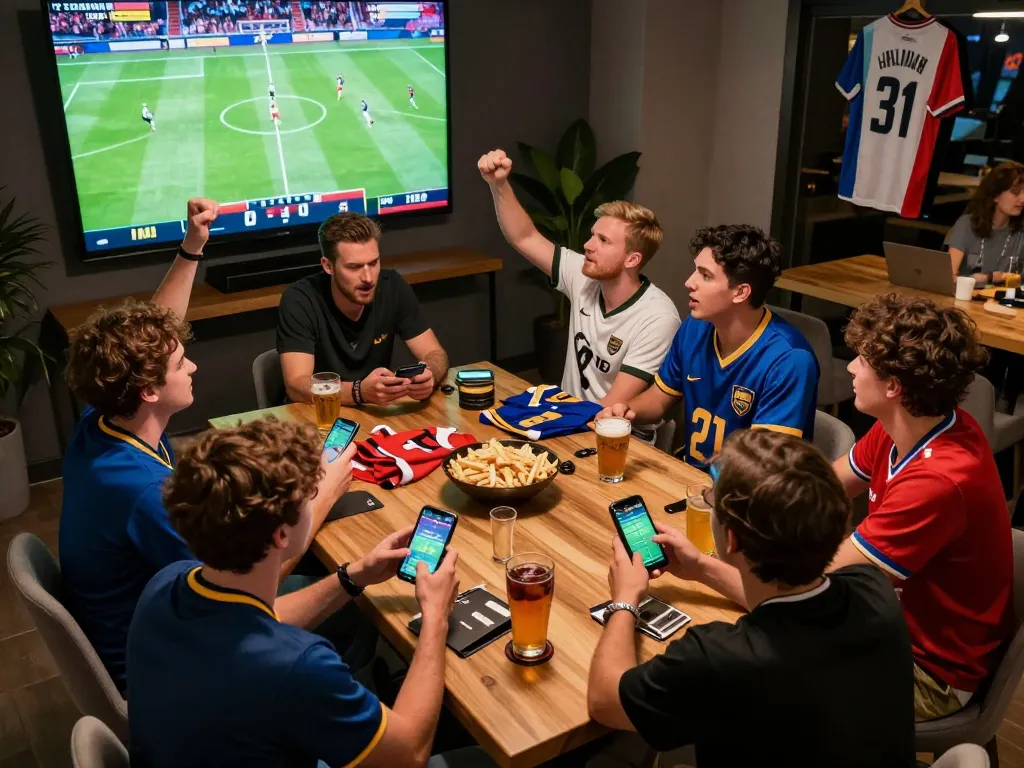 kuwin sports bettors eagerly engaging with live games while placing bets on smartphones, capturing the excitement of sports gambling