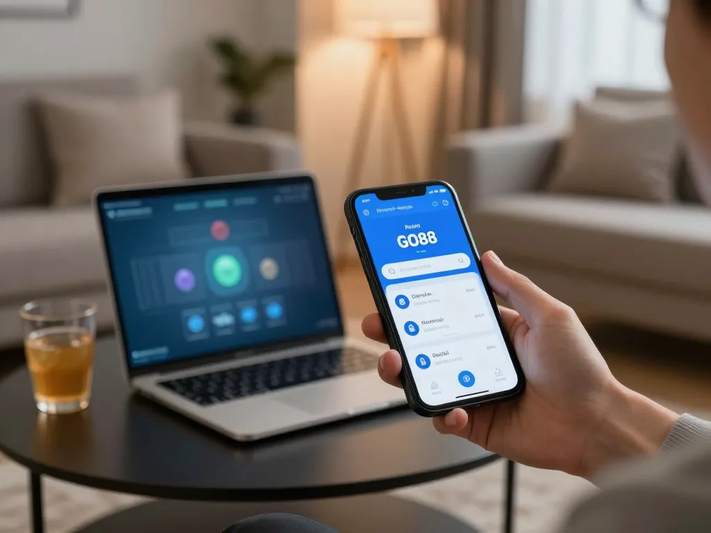 Person using GO88 app on smartphone for online gambling in a cozy living room