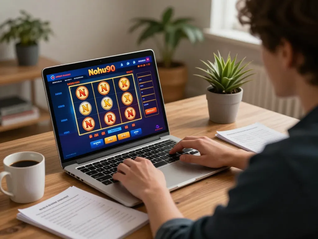 Nohu90 engaging online casino gaming at home with vibrant interface and cozy atmosphere.