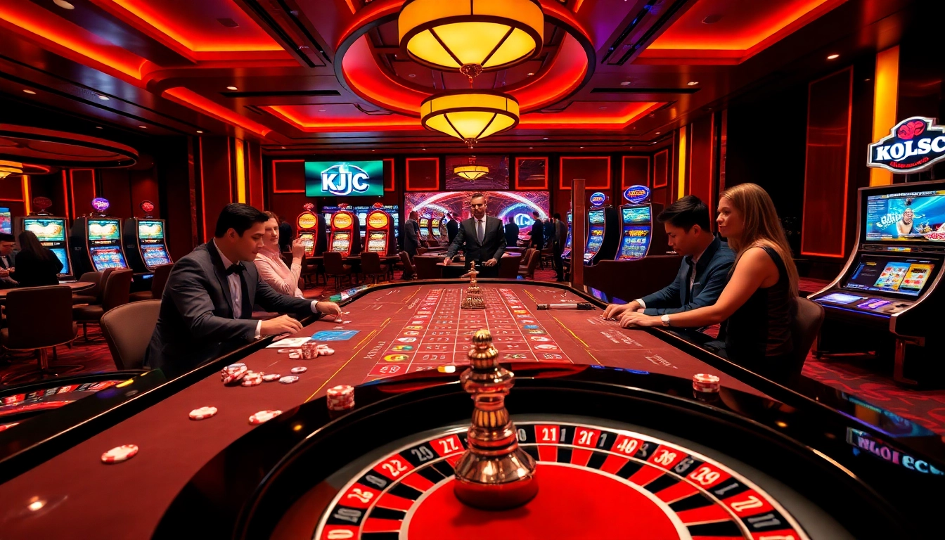 Exciting KJC casino experience with players at a gaming table and vibrant slot machines.