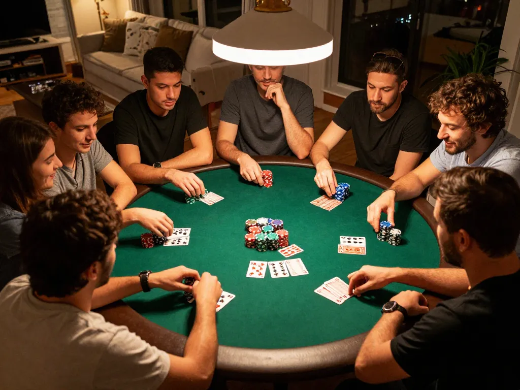Friends enjoying a competitive poker game during a Vsbet-themed night in their cozy home.