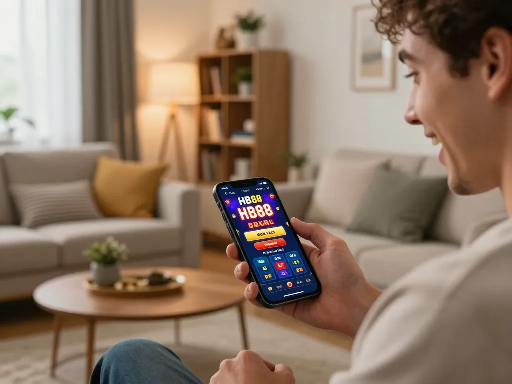 Player celebrating a win on the HB88 mobile app in a cozy home setting, showcasing responsible gaming.