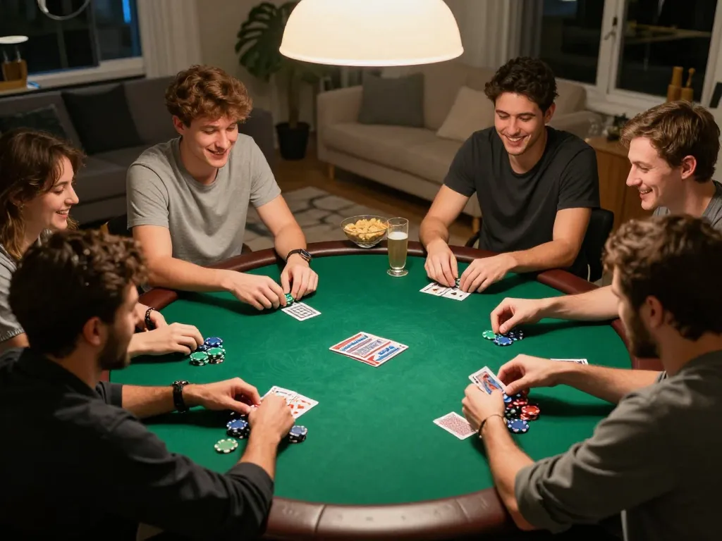 Friends enjoying a lively poker game at home with F8bet-themed excitement and camaraderie