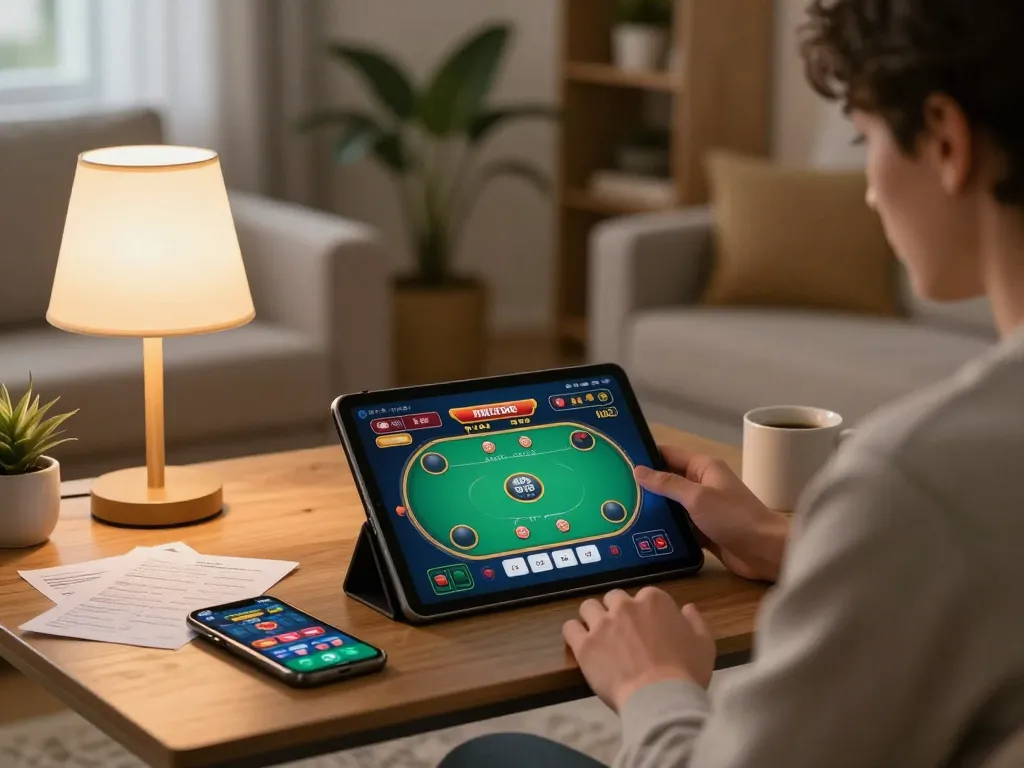 Player using okking tablet for online poker game while surrounded by betting notes