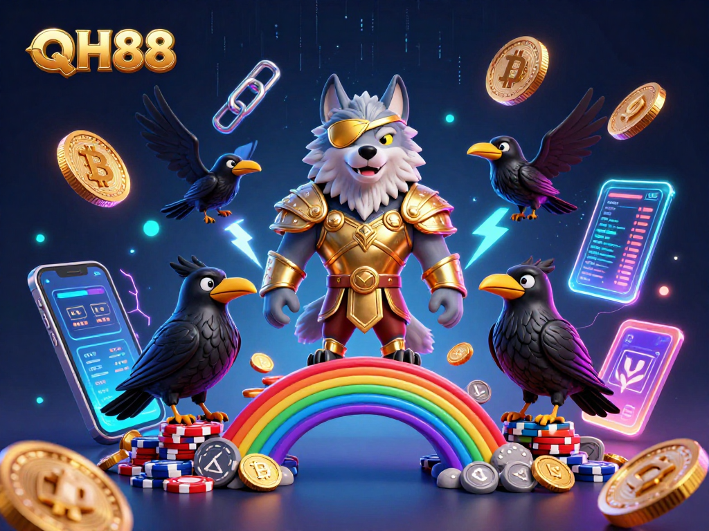Engage with QH88 in a lively casino scene featuring mythological and crypto elements.