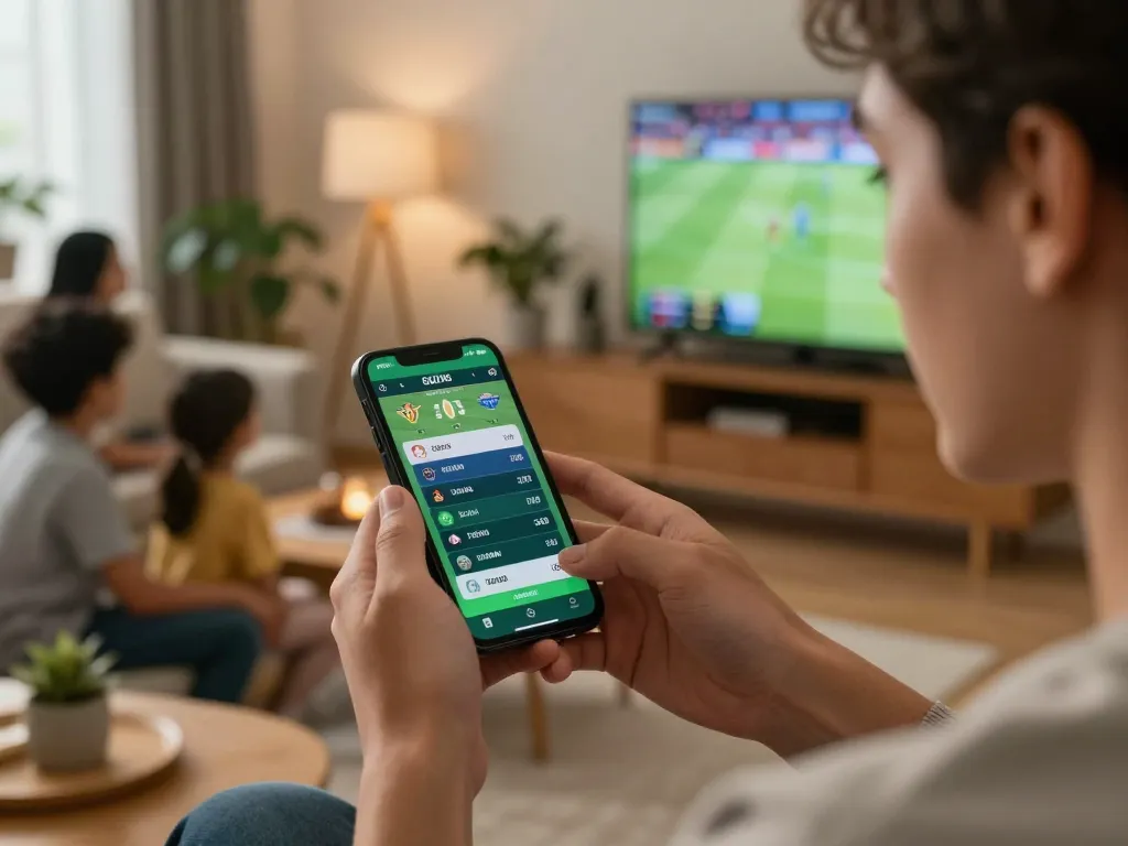 Engaging hands using a smartphone for keo nha cai while watching a live sports match.