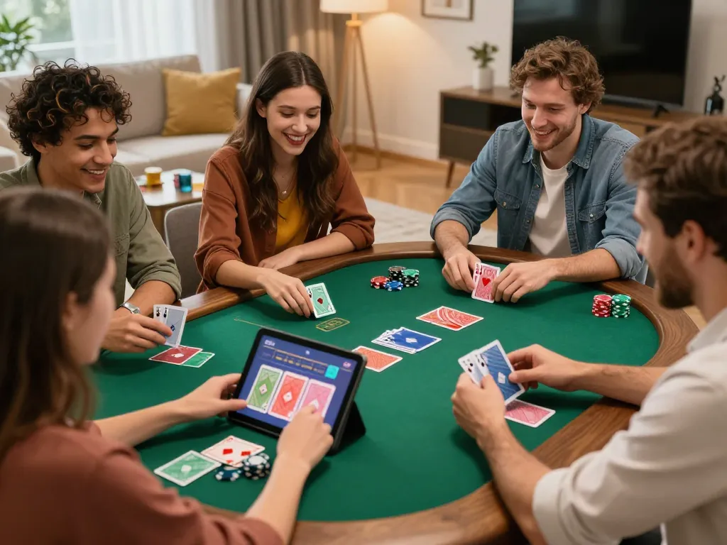 Friends enjoying an exciting poker game on trang chủ fly88 at home with colorful cards and chips visible