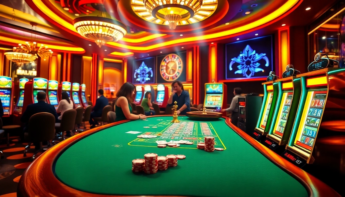 Casino players enjoying games and betting at thabet with vibrant tables and slot machines.