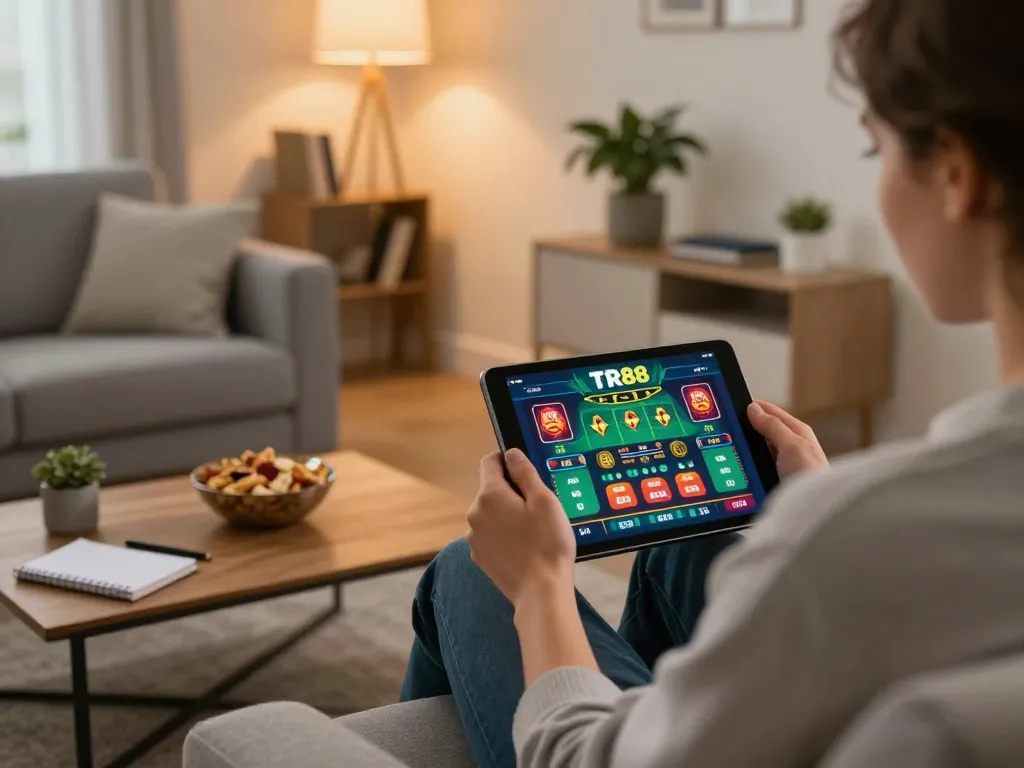 Engaging in online gambling on TR88 app during cozy home session with vibrant game graphics.
