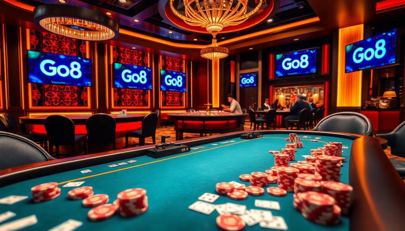 Players enjoy a poker game at Go8 casino, amidst vibrant casino ambiance and exciting odds.