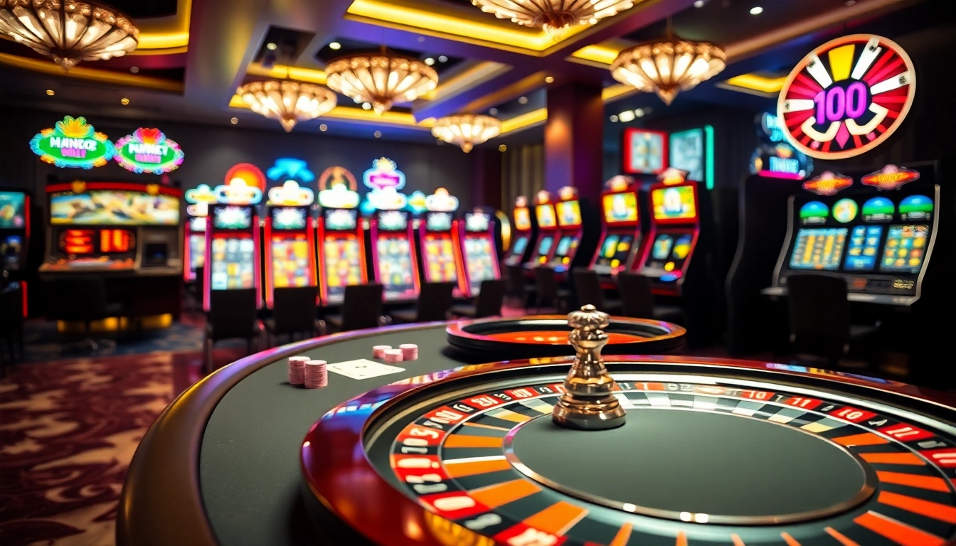 Playing poker at MMOO amidst a luxurious casino backdrop with vibrant slot machines.