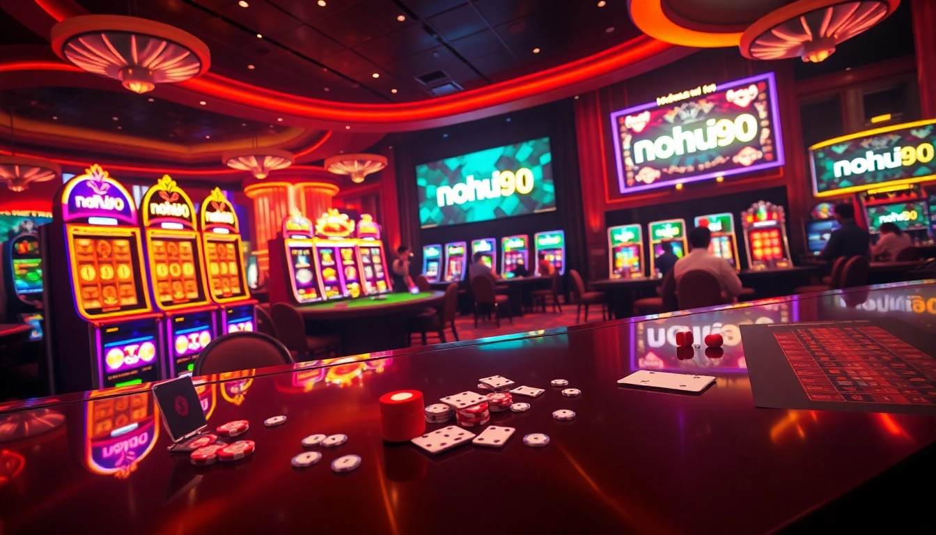 A dynamic online casino environment featuring nohu90 branding with immersive gaming action, luxury gaming tables, and vibrant slot machines.