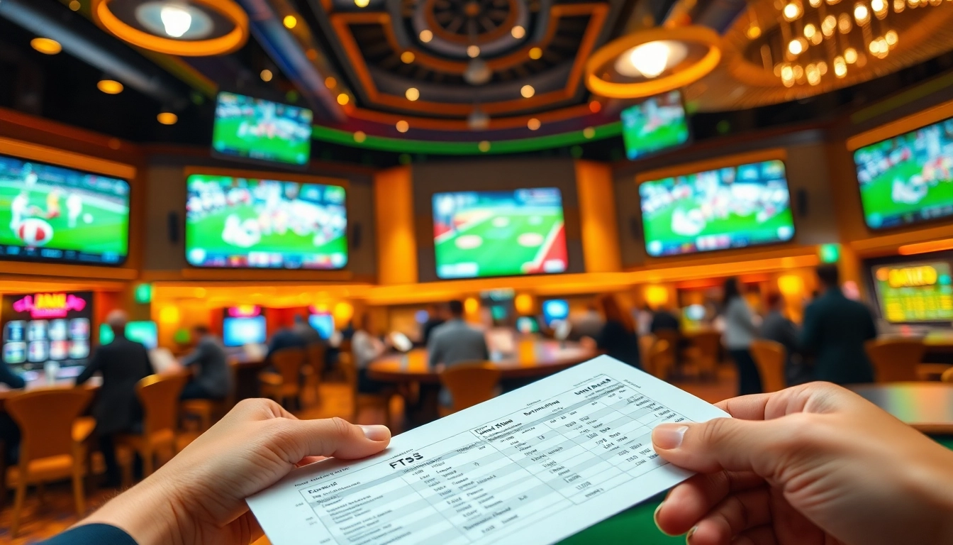 Cược thể thao action showcasing a professional sportsbook with engaged bettors placing wagers.
