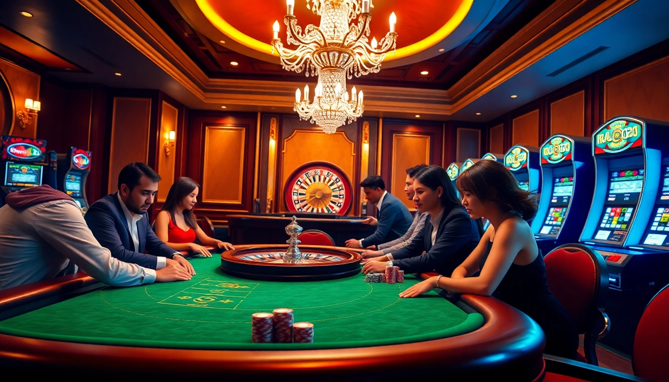 Players enjoying a thrilling game of poker at nk88 com with vibrant casino ambiance.