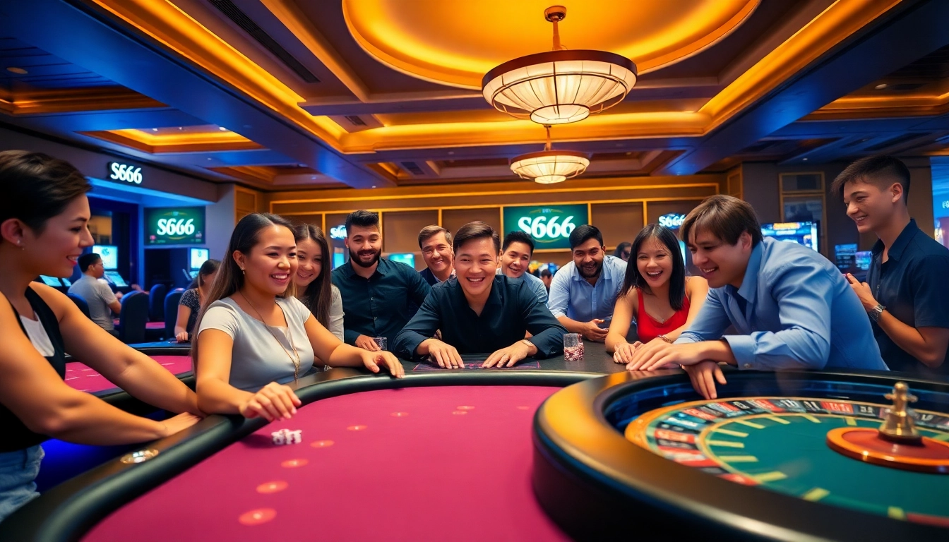Engaged players at the S666 online casino, showcasing excitement in a luxurious gaming environment.