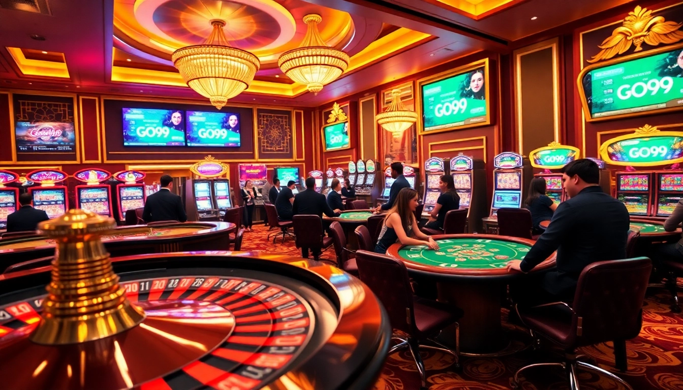 Experience the excitement of go99 at a luxurious casino with vibrant gaming tables and slot machines.
