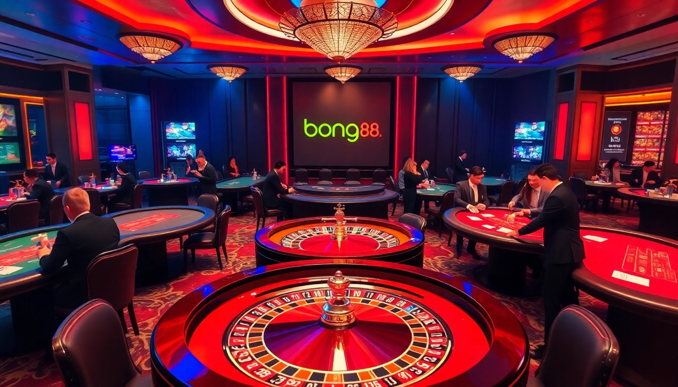 Experience the excitement of gambling at bong88.casa with vibrant casino tables and poker chips.