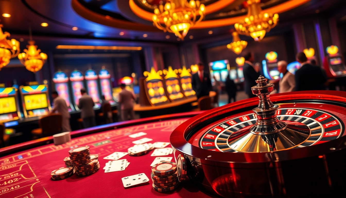 A vibrant scene of S666 casino gaming showcasing poker chips, a roulette wheel, and slot machines.