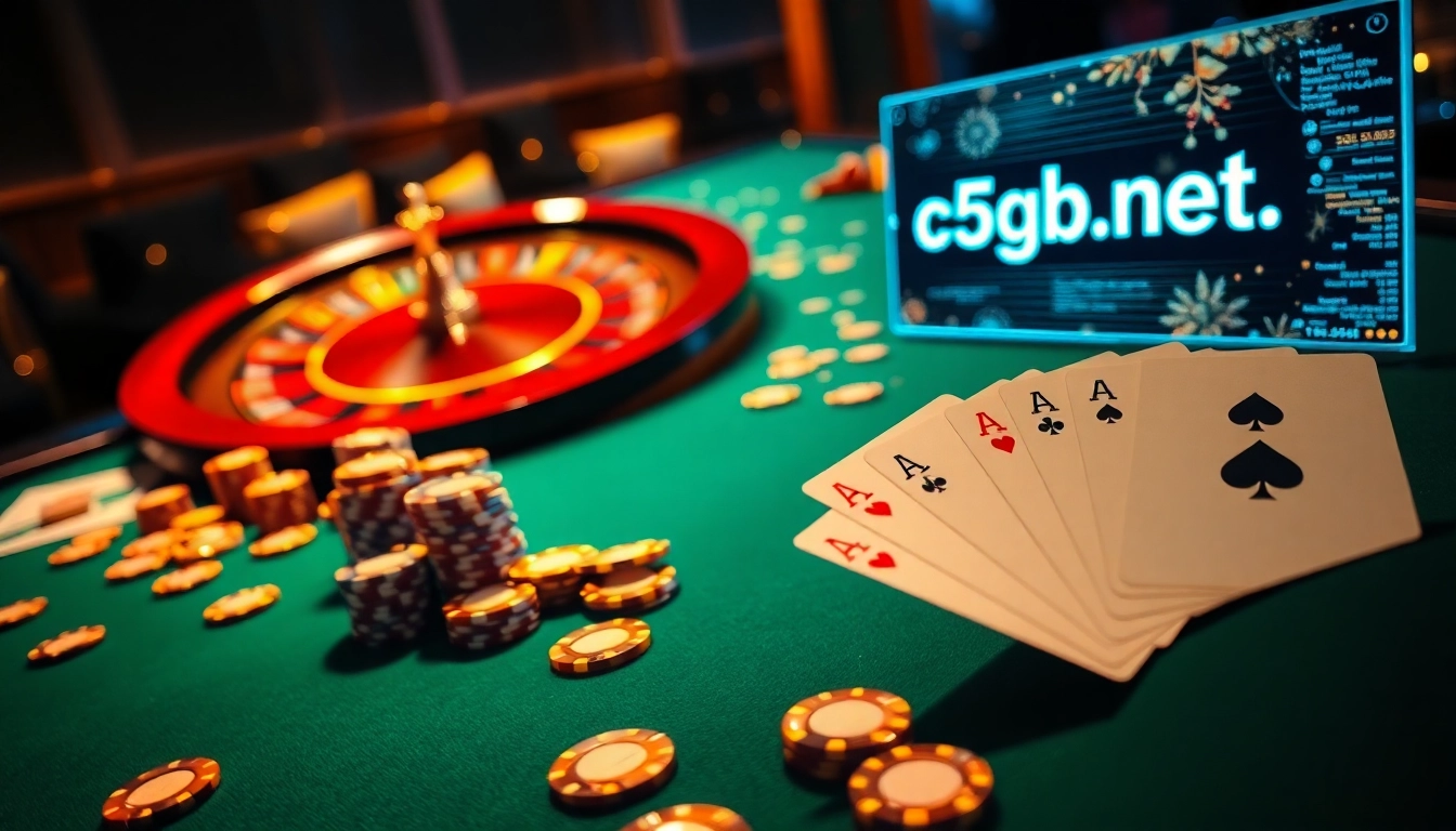 Experience thrilling online gambling at C54 with vibrant poker chips and a luxurious roulette.