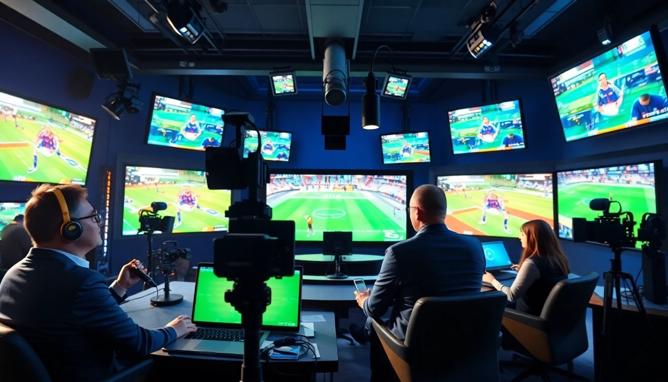 Engaging hosts in a sports broadcasting studio with monitors displaying live events.