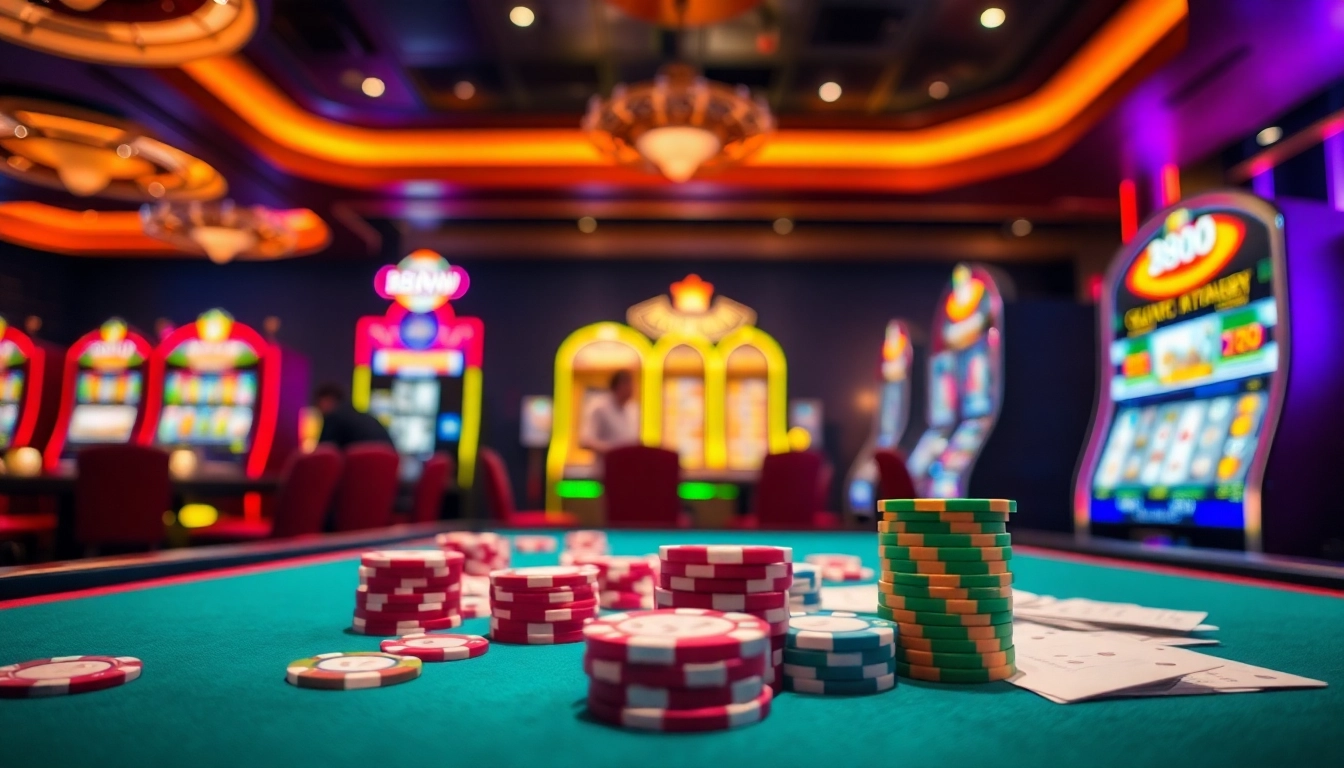 Gambling excitement at 888now casino with vibrant poker chips and illuminated slot machines.