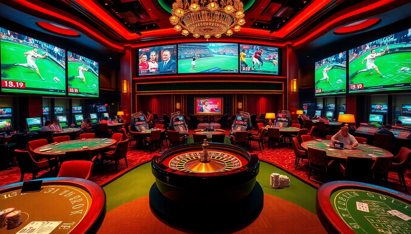 Players enjoying an exciting poker game at rikvip casino, surrounded by vibrant chips and a roulette wheel.