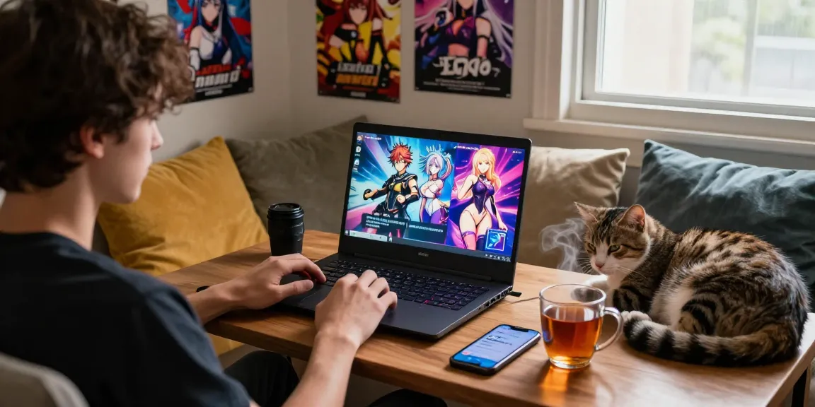Cozy gaming setup showcasing free ecchi games on a laptop in a comfortable setting.